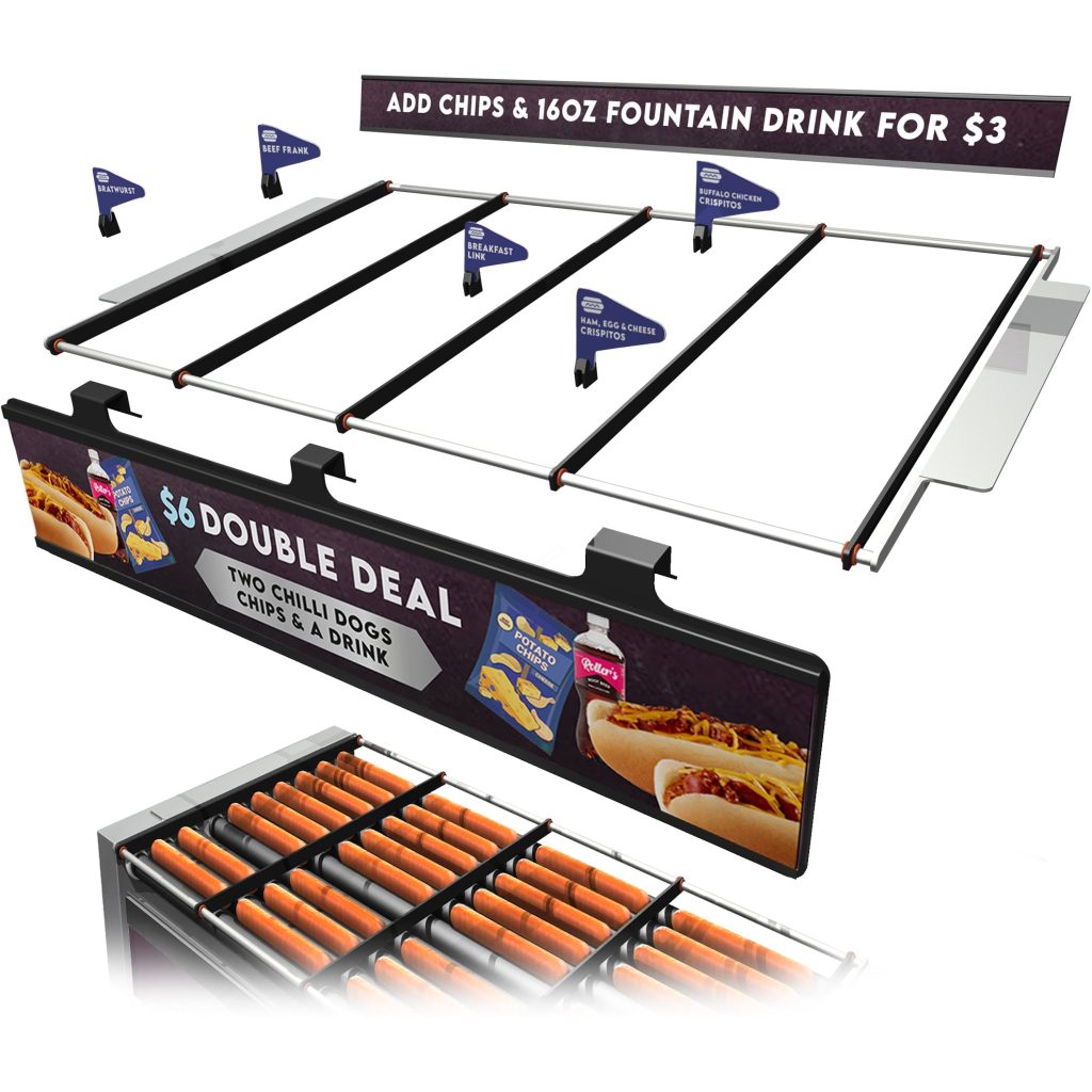 roller grill merchandiser (rendered graphic no accessories) - sellavator roller grill system - food sign pros rollergrillsigns.com